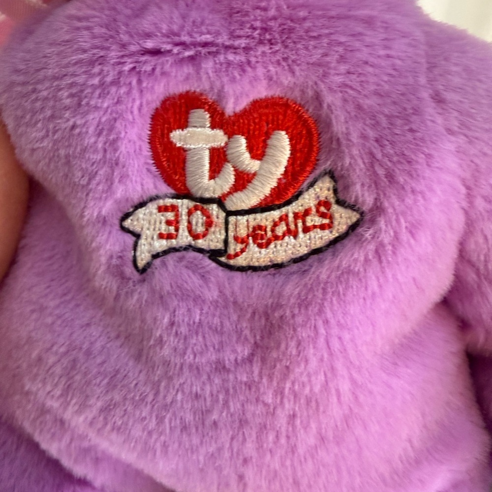 Ty 30th Anniversary Lavender Plush Bear with Pink Ribbon - Picture 3 of 5
